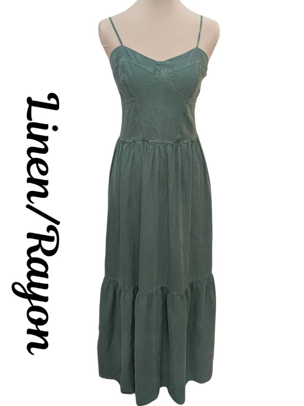 YFB Young Fabulous & Broke Sage Green Linen Blend Tiered Maxi Dress